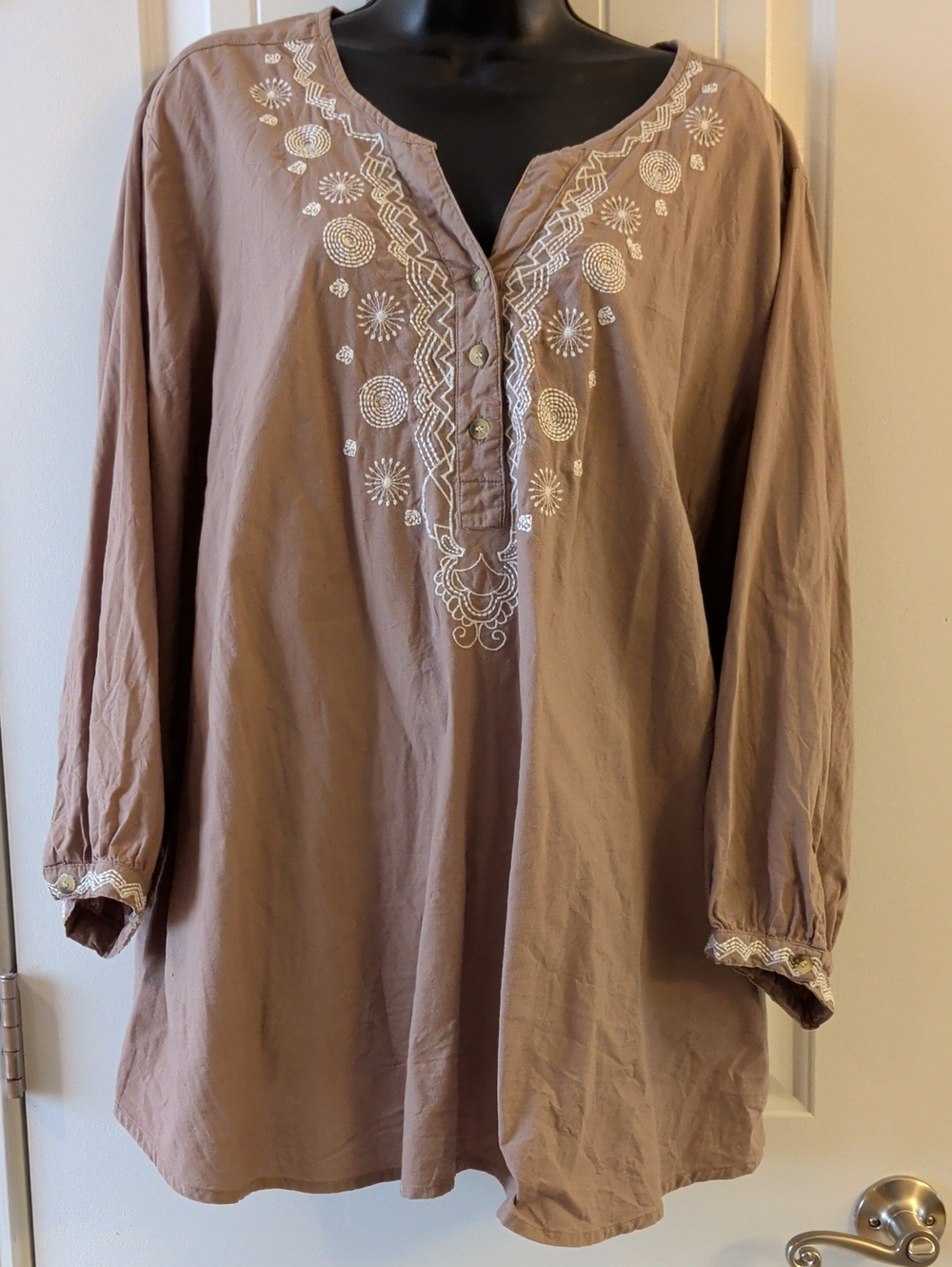 Appleseed's Women 2X Boho Embroidered Tunic Blouse Taupe Brown 3/4 Sleeve
